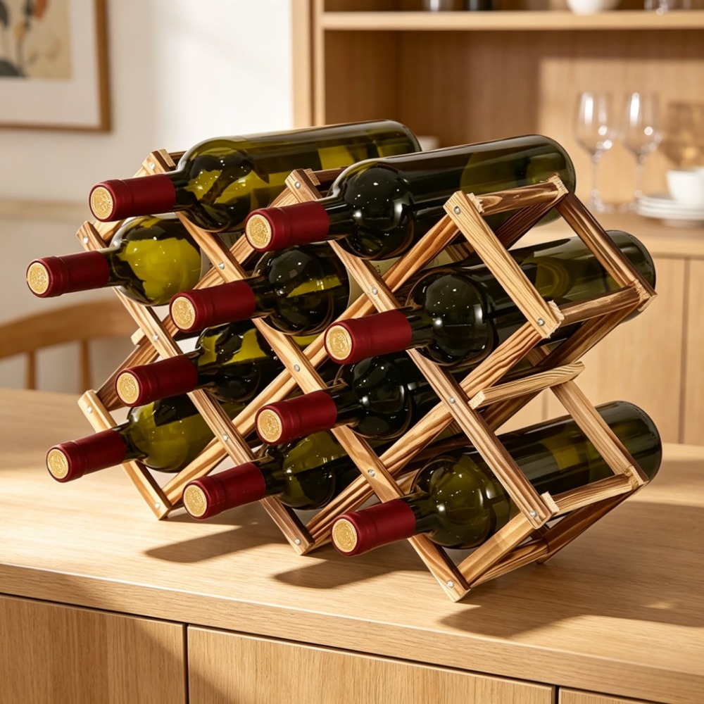 Home Bar Shelves - ชั้นวางไวน์ไม้พับได้ ที่วางขวดไวน์ ชั้นเก็บของ ตู้โชว์สไตล์เรโทร สำหรับบ้าน ห้องครัว
