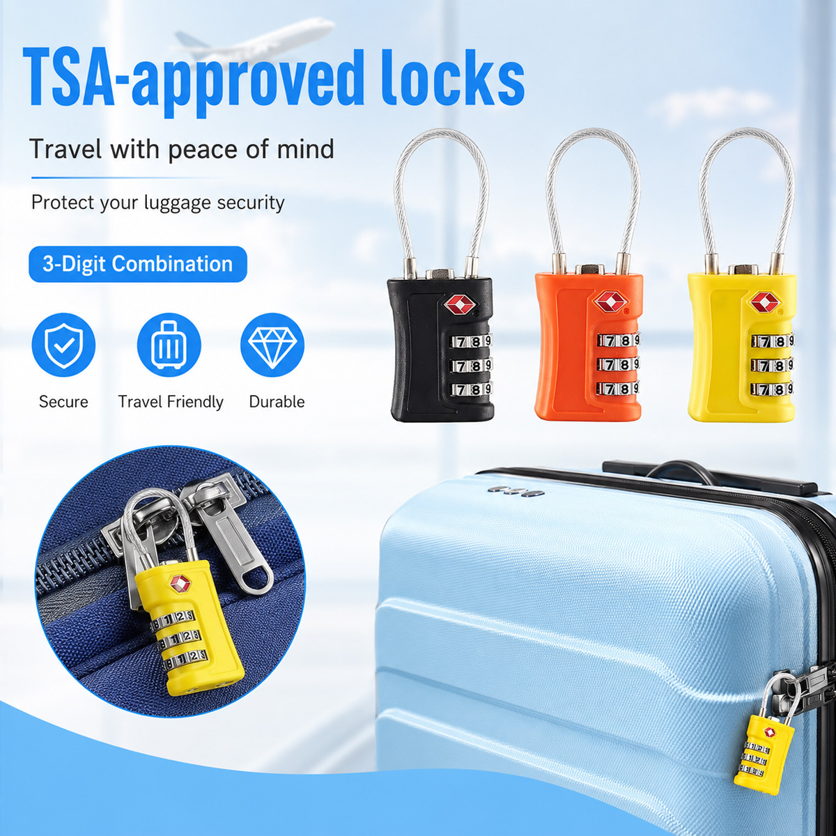 Home Bargains - TSA ได้รับการอนุมัติสำหรับล็อคกระเป๋าเดินทาง 3 หลัก รหัสผ่านแบบสายเคเบิลสำหรับกระเป๋าเดินทาง กระเป๋าเดินทาง